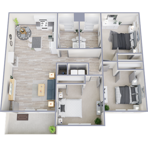 Floor plan for 3 beds, 2 baths, 1293 sqft